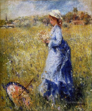 ピエール=オーギュスト・ルノワール Painting - 花を集める女性 ピエール・オーギュスト・ルノワール